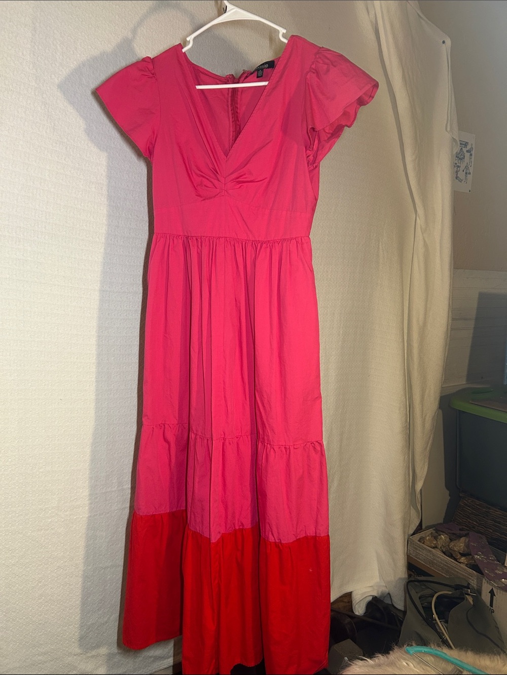 Kensie Two-Tone Pink and Red Tiered V-Neck Maxi Dress
